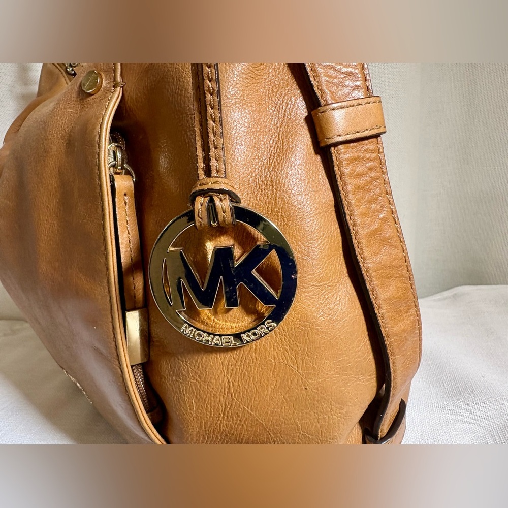 Michael Kors Bedford Large Leather Shoulder Bag Tan Luggage Brown Hobo - Picture 4 of 15